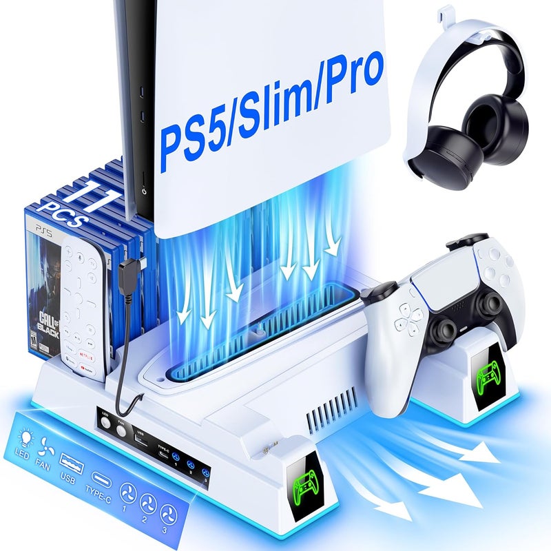 KICKDOT PS5 Pro/Slim/PS5 Stand and Cooling Station with Controller Charging Dock for Playstation 5 Disc Digital, PS5 Accessories Kit Incl. 3 Levels 2.36in Cooling Fan, 11 Game Slot, USB, LED, Headset Holder - Image 1